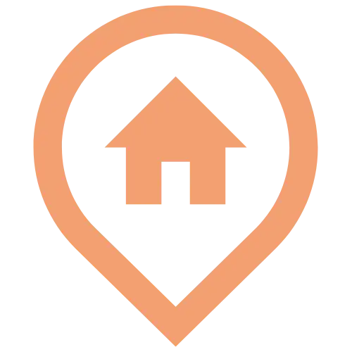 Icône d'épingle de localisation de couleur pêche avec une silhouette simple de maison à l'intérieur
