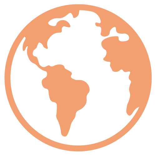 Une icône de globe stylisée de couleur pêche avec une silhouette noire des continents.